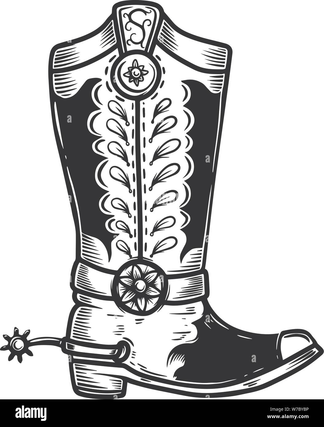 Ilustración dibujada a mano de bota de vaquero aislado sobre Dibujadas a mano botas vaqueras ilustración. Elemento de