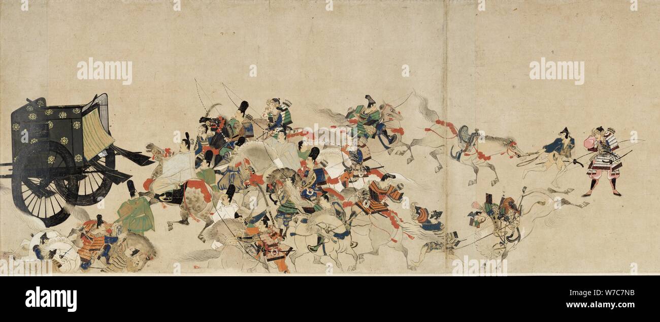 Cuento ilustrado de la Guerra Civil (Heiji El Imperial visita a Rokuhara) 3 desplácese, siglo XIII. Artista: Anónimo Foto de stock