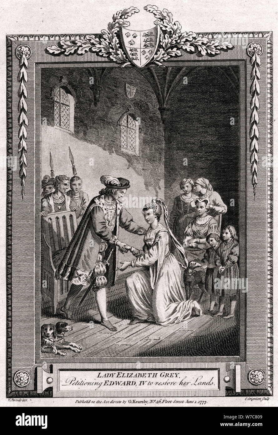 'Lady Elizabeth Gray, solicitando Edward IV para restaurar sus tierras", del siglo xv, (1777). Artista: Charles Grignion Foto de stock