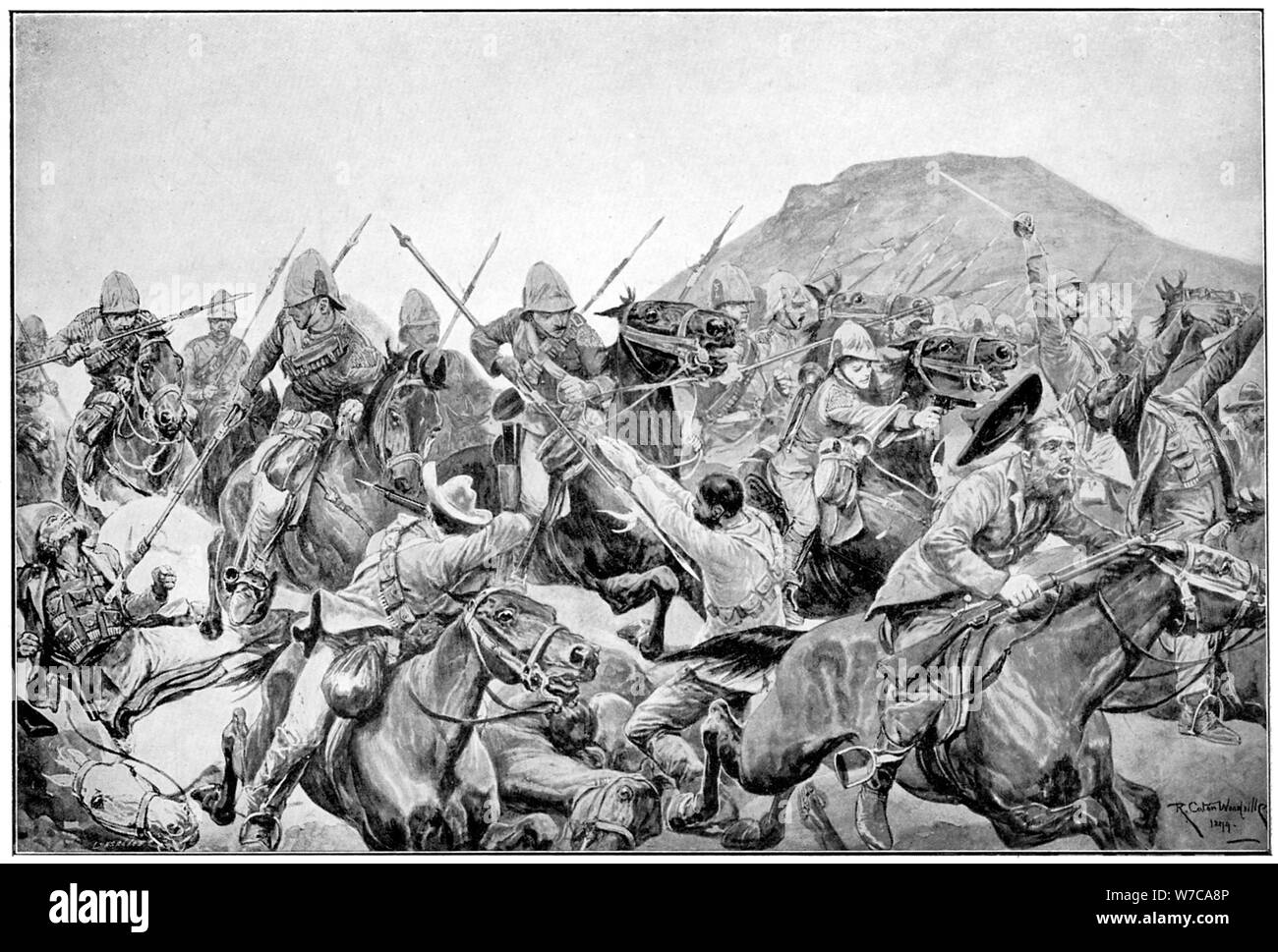 Cargo de la 5ª, 2ª Elandslaagte Lancers en Guerra de los bóers, el 21 de noviembre de 1899. Artista: Richard Caton Woodville II Foto de stock