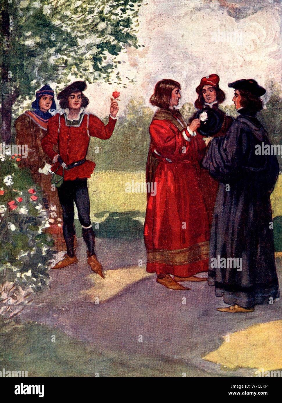 "...Los nobles desplumados rosas rojas o blancas y ponerlos en sus gorras', del siglo xv, (1905).Artista: UNA S Forrest Foto de stock