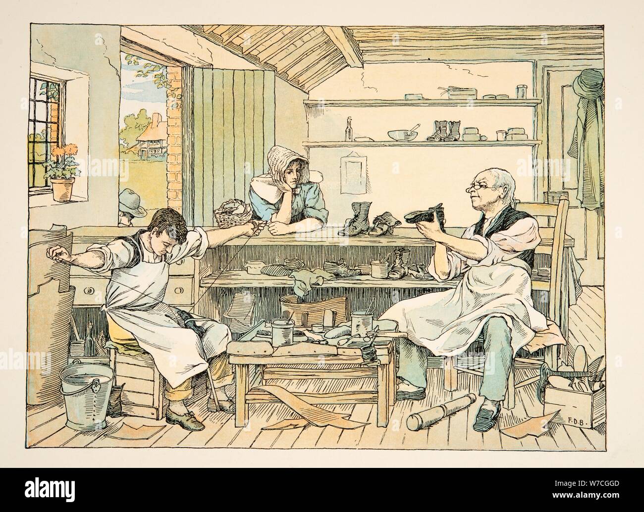 El zapatero, de cuatro y veinte trabajadores, pub. Litografía de color (1900) Foto de stock