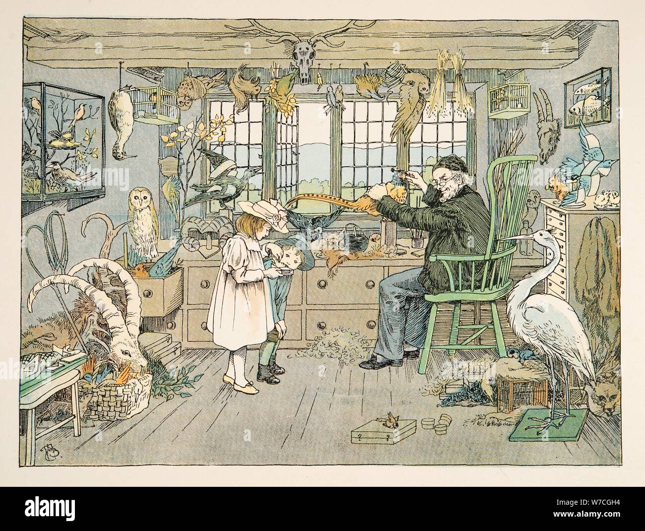 La rellenadora de aves, entre cuatro y veinte trabajadores, pub. Litografía de color (1900) Foto de stock