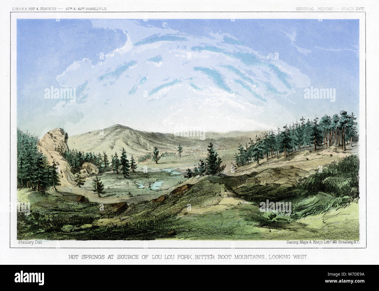 Hot Springs en su origen en Lou Lou horquilla, montañas Bitterroot, Montana, USA, 1856.Artista: John Mix Stanley Foto de stock