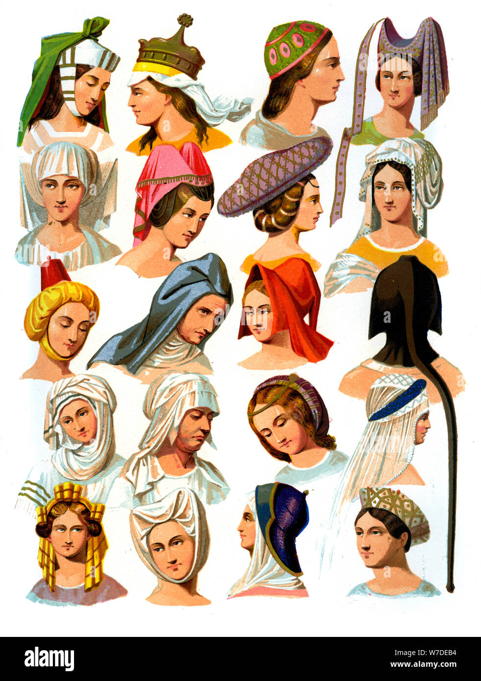 Sombreros de mujer de diferentes clases de la sociedad, la 13ª del siglo XVI (1849).Artista: Thurwanger Freres Foto de stock