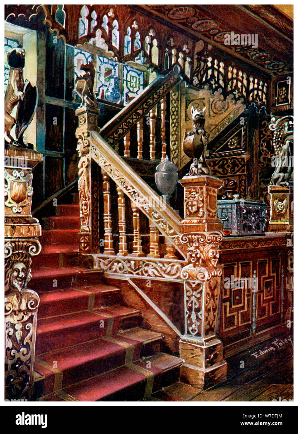 Escalera, Godinton oaken talladas, 1910.Artista: Edwin Foley Foto de stock