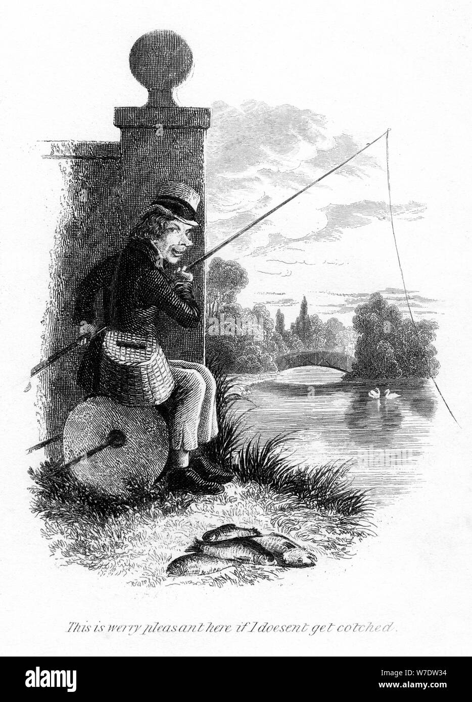 Un hombre pescando ilegalmente. Artista: Desconocido Foto de stock