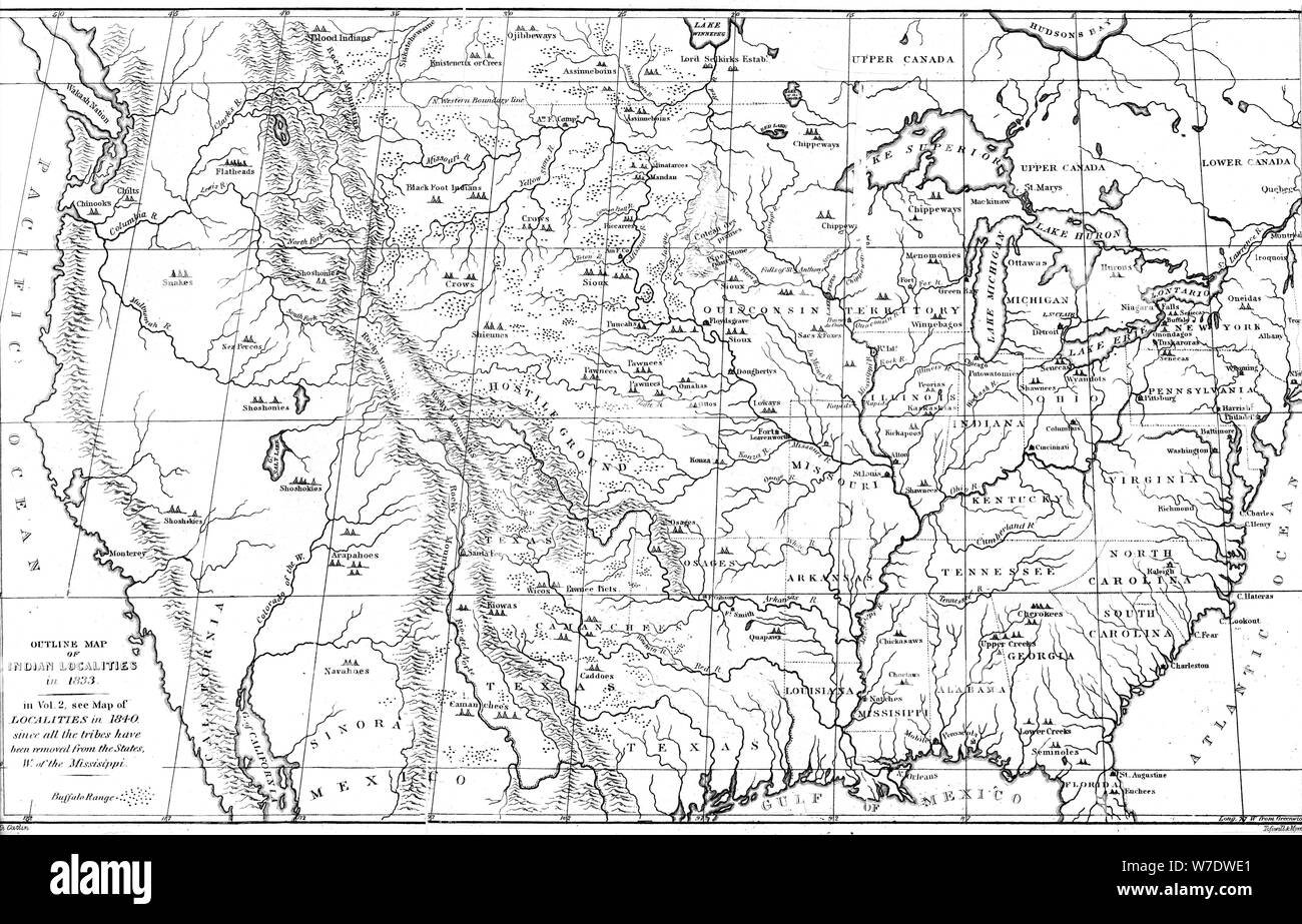 Mapa de América del Norte con las ubicaciones de las tribus Nativas Americanas, 1841.Artista: Myers y Co Foto de stock