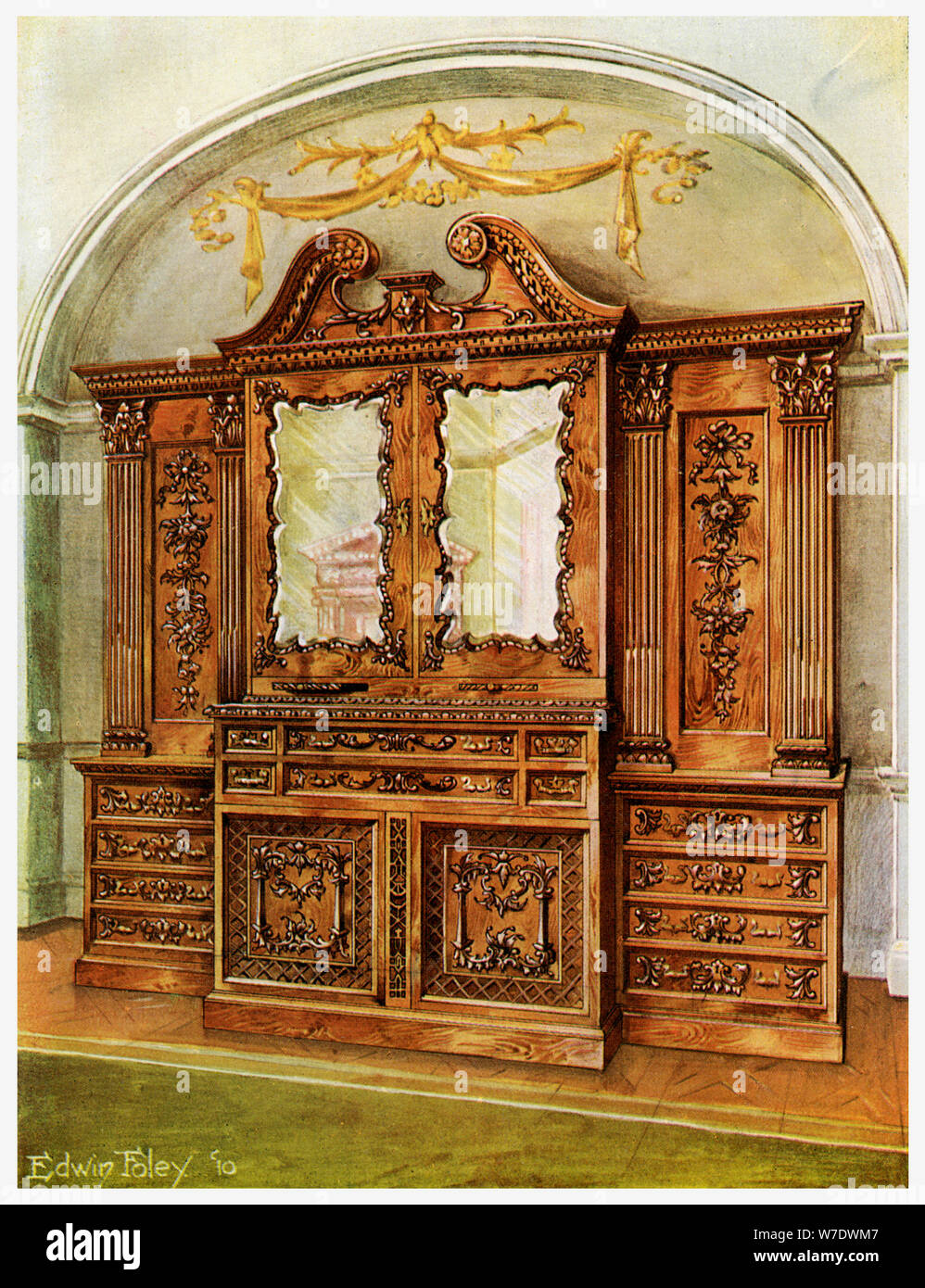 Adjunto estantería de caoba tallada, de estilo Chippendale, la influencia francesa, 1911-1912.Artista: Edwin Foley Foto de stock