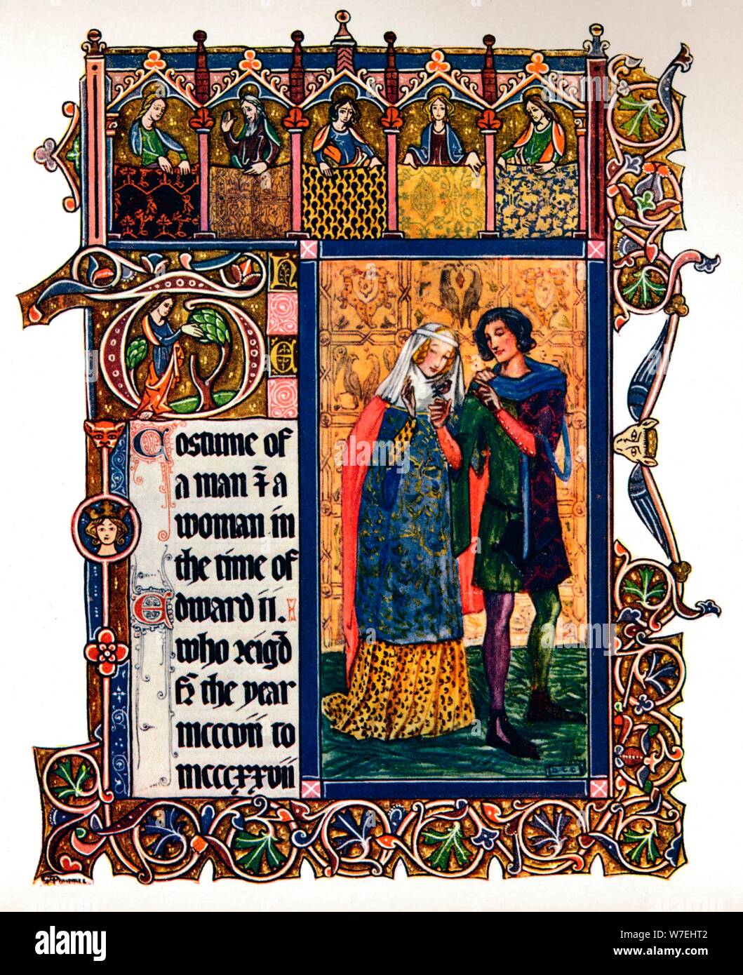 Traje de un hombre y una mujer en la época de Eduardo II, (1909). Artista: Desconocido Foto de stock