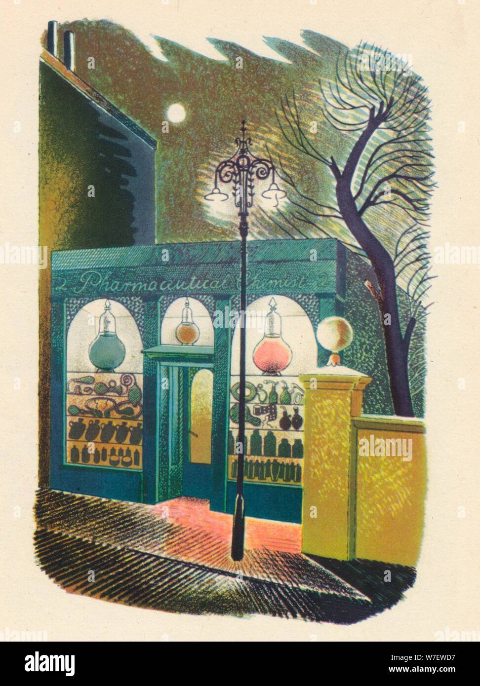 "Químico Shop en la noche", 1938, (1946). Artista: Eric Ravilious. Foto de stock
