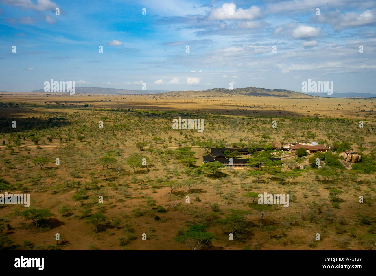 La fotografía aérea de los pastizales en el Parque nacional Serengeti, Tanzania Foto de stock