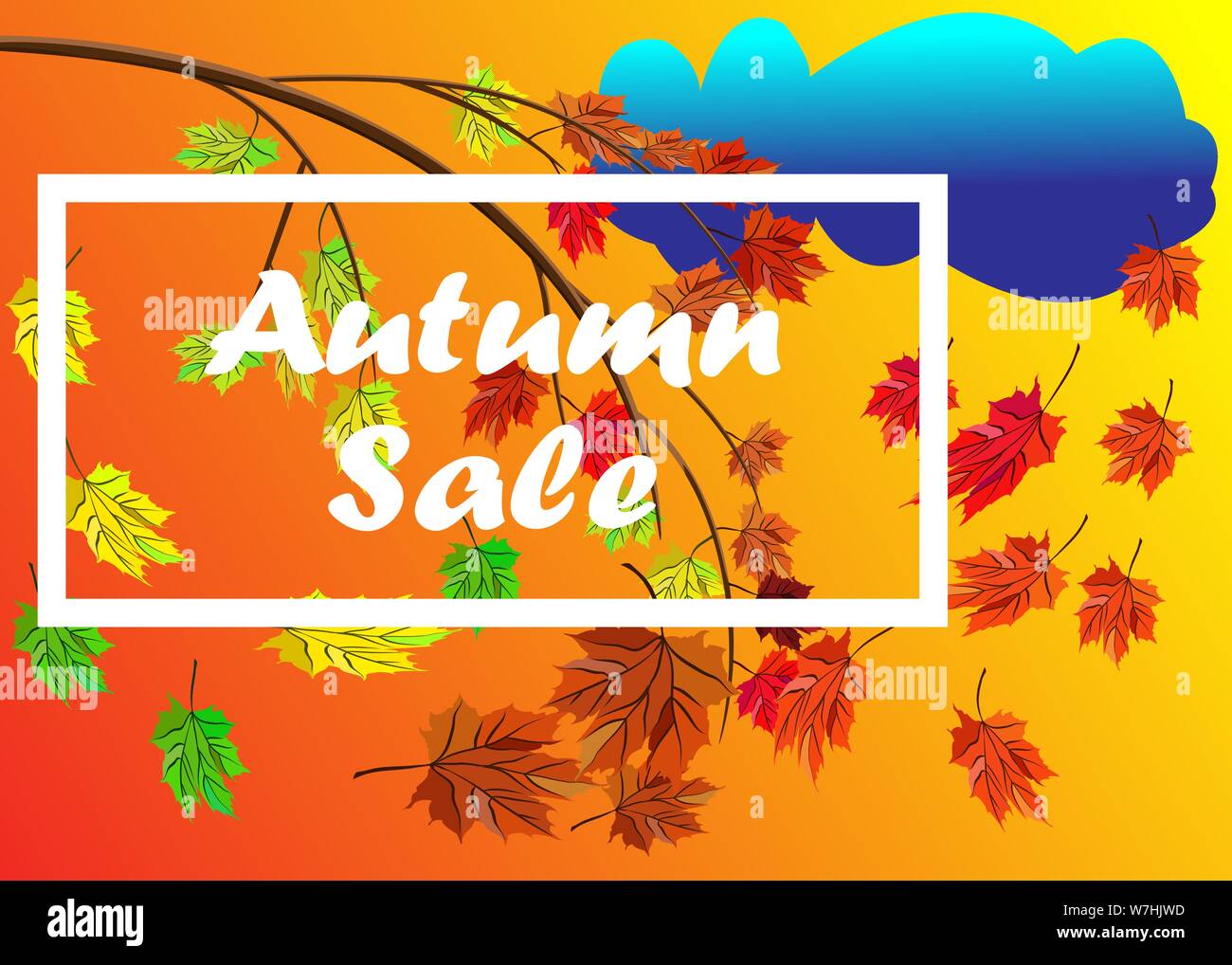 Venta de otoño vector banner fondo con rama con hojas de otoño con lluvias caen elementos, nube, otoño de tipografía y texto en colores de otoño backg Ilustración del Vector