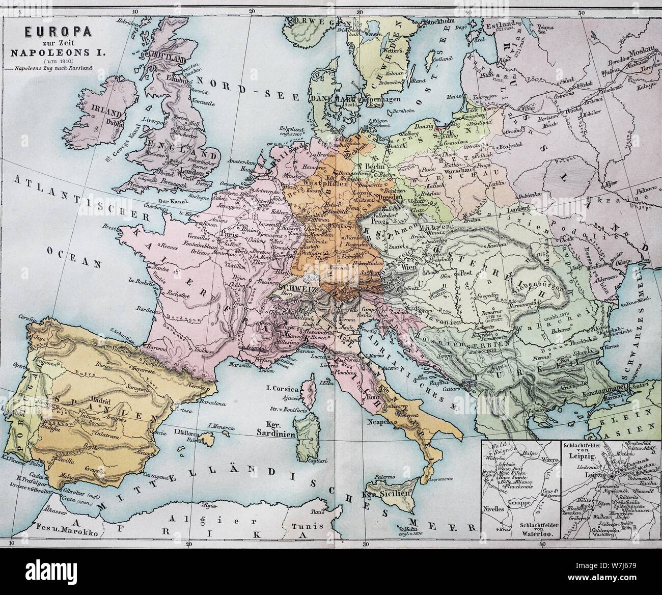 Mapa histórico de Europa en la época de Napoleón I, 1820, ilustración histórica, Italia 
