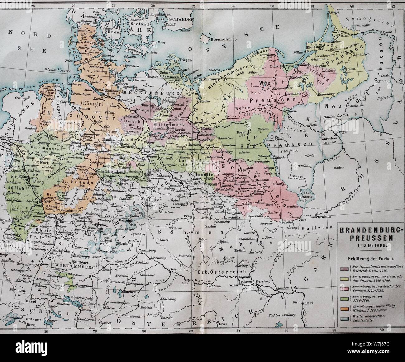 Mapa, Brandenburg-Prussia desde 1415-1869, ilustración histórica, Alemania Foto de stock