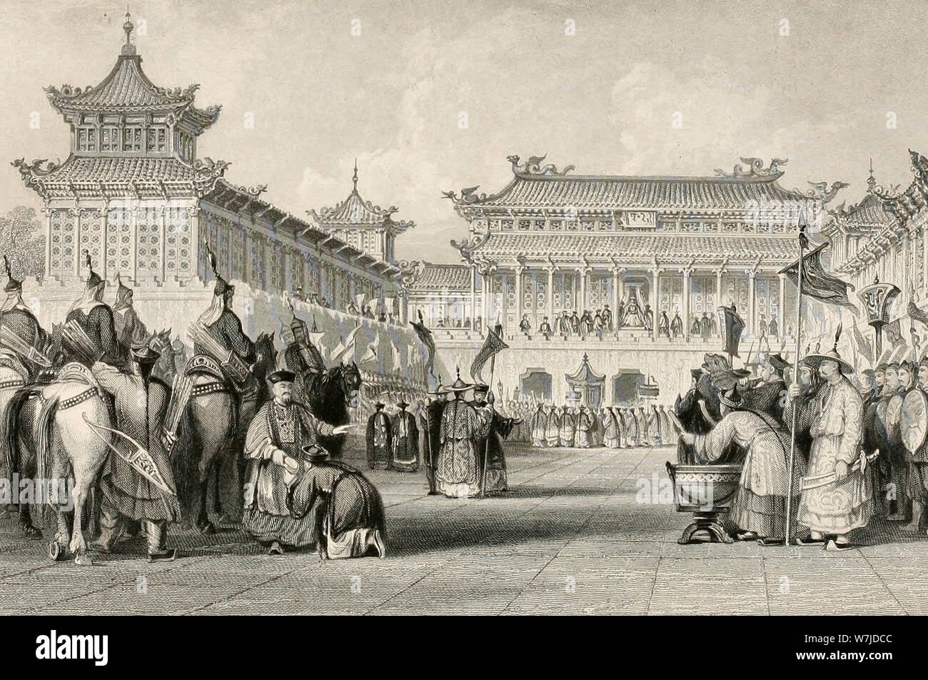 El emperador Taou-Kwang revisando sus guardias en el Palacio de Pekín. Publicado 1843 Foto de stock