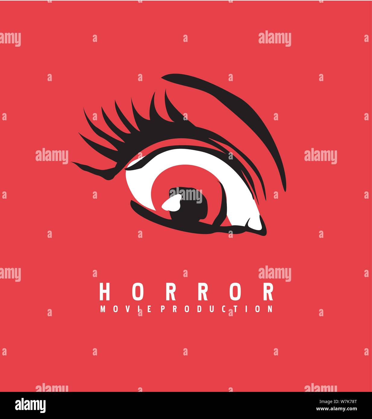 Logotipo de la empresa de producción de películas de horror del concepto de diseño. Símbolo ojo rojo sobre fondo de dibujo. Ilustración vectorial. Ilustración del Vector