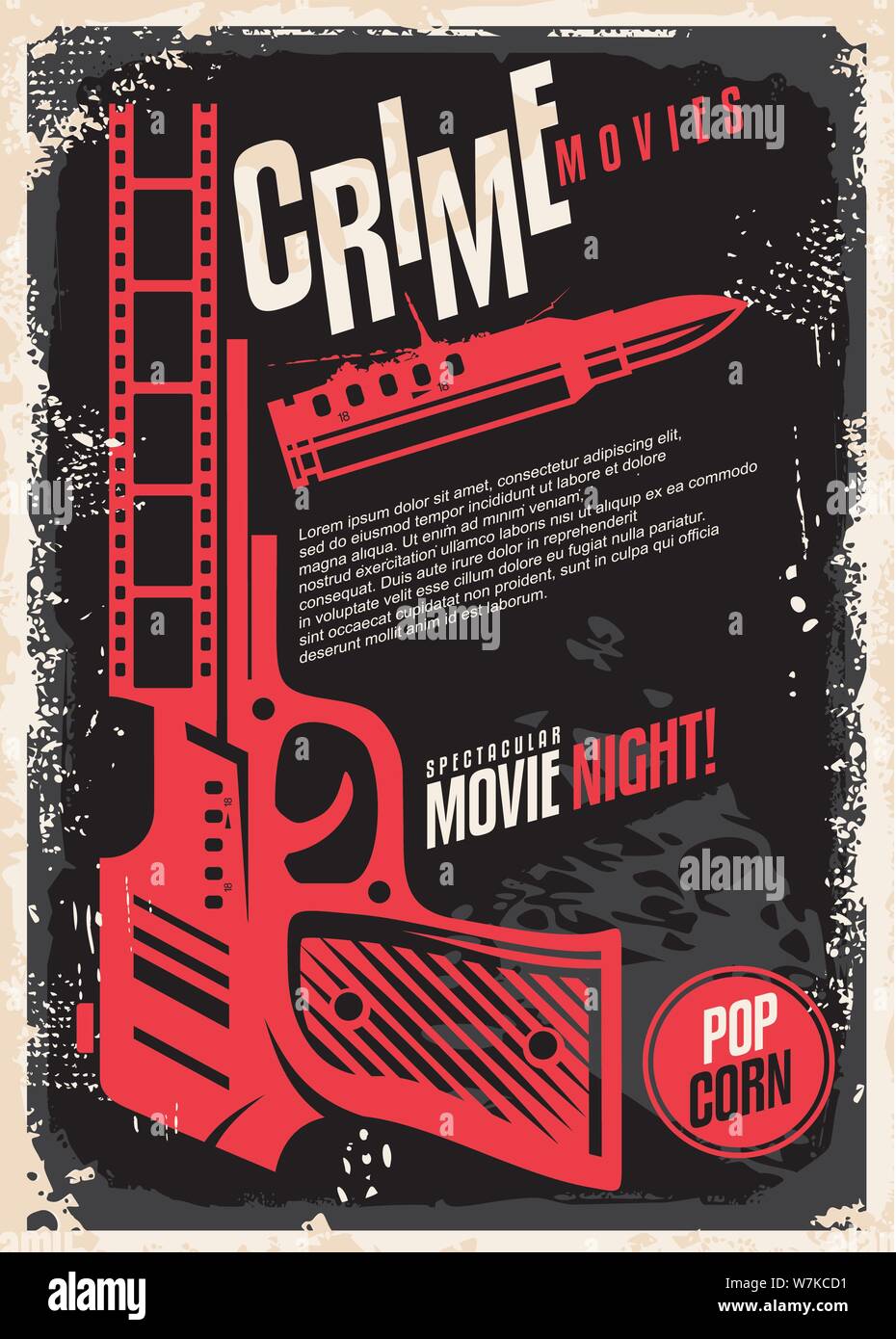 Películas crimen espectacular noche de película retro diseño de póster. Cine flyer con pistola y la bala en el oscuro fondo de textura. Ilustración del Vector