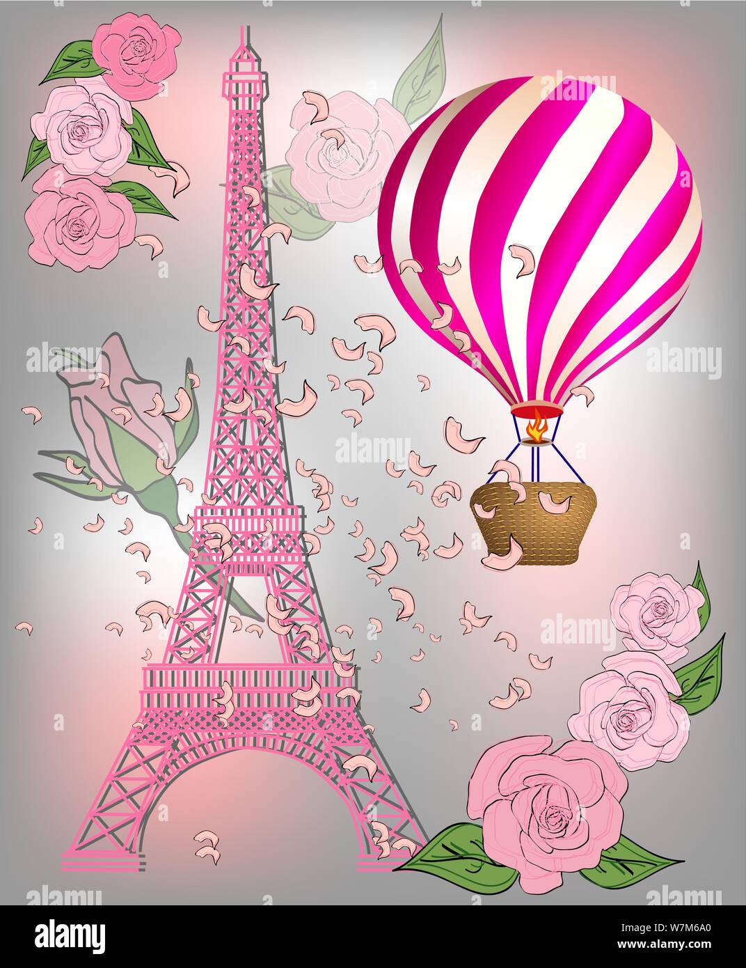Vintage Francia diseño de póster. fondo romántico con la torre Eiffel y de  rosas Imagen Vector de stock - Alamy