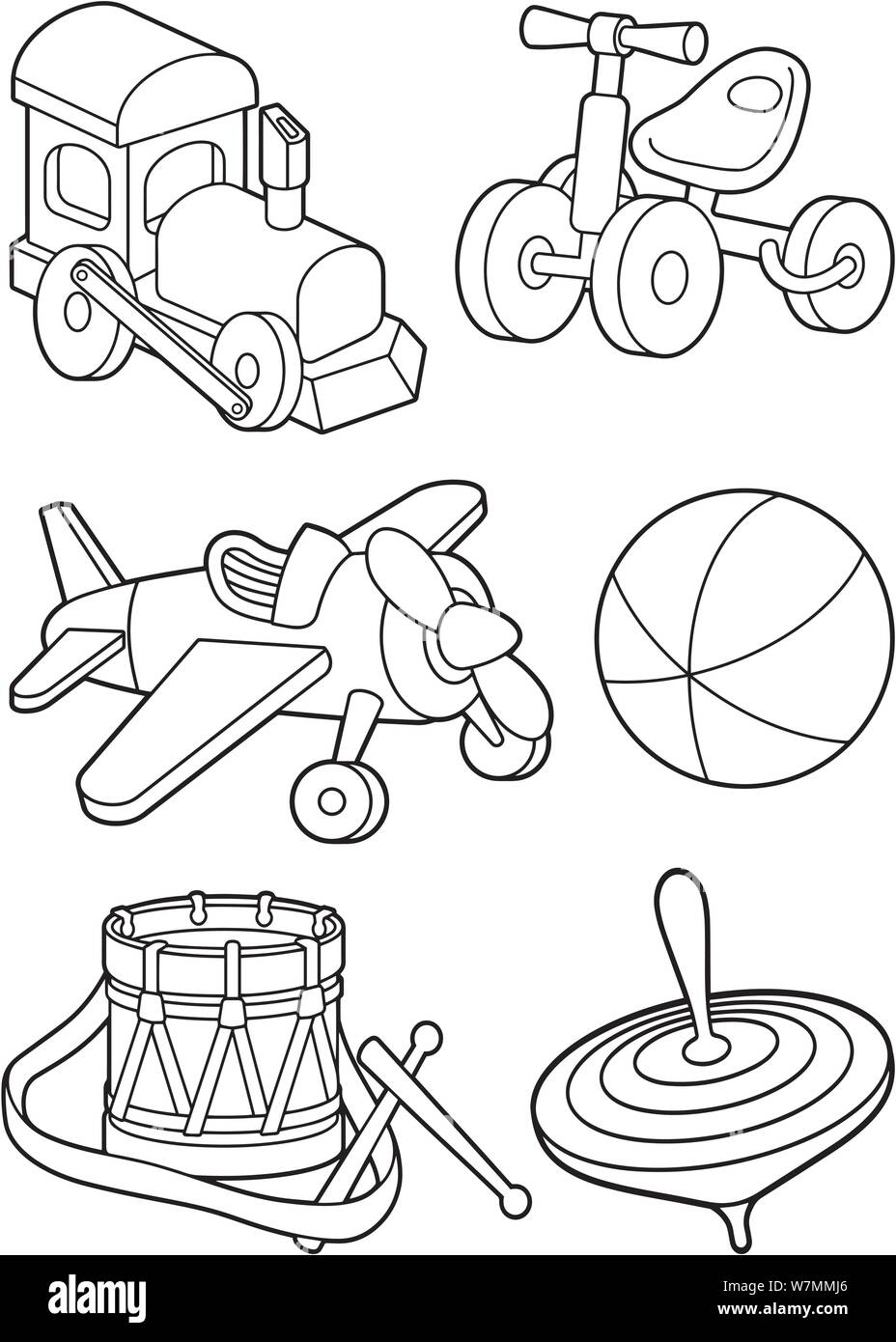Juguetes de madera conjunto de iconos en vintage paleta de colores. Tren,  bicicleta, trompo, tambor airplain y pelota de playa. Arte de línea para  colorear página del libro Imagen Vector de stock -