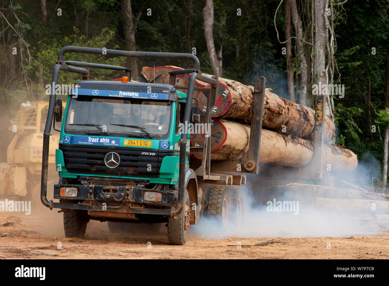 Camiones usados a gran escala de extracción de madera con troncos de madera tomadas desde la madera patio situado en el interior del Parque Nacional Lopé. Envío ulterior via mar tiene lugar en Libreville, Gabón. 2009 Foto de stock