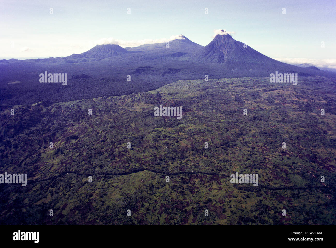 Macizo de Virunga Volcán GAMA (de izquierda a derecha: Monte Visoke, Monte Karisimbi y el Monte Mikeno) y bosques adyacentes, aislado y rodeado por asentamientos humanos y la agricultura. República Democrática del Congo. Septiembre 1993 Foto de stock