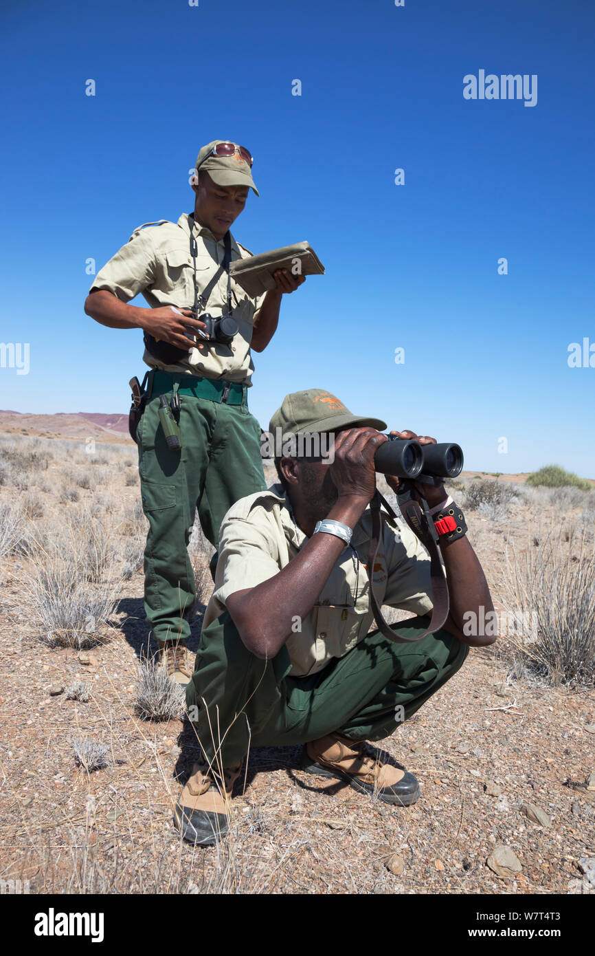 Save the Rhino Trust trackers de patrulla en el campo desde el Campamento Río Ugab, Save the Rhino Trust, Damaraland, Namibia, mayo de 2013 Foto de stock