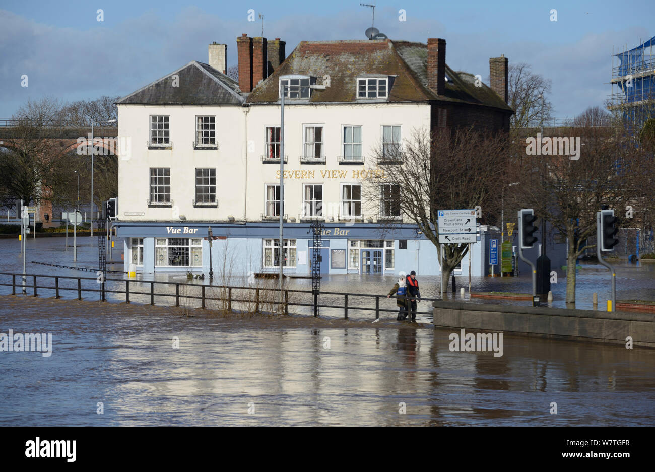 Severn View Hotel durante las inundaciones récord, Worcester, Inglaterra, Reino Unido, 13 de febrero de 2014. Foto de stock