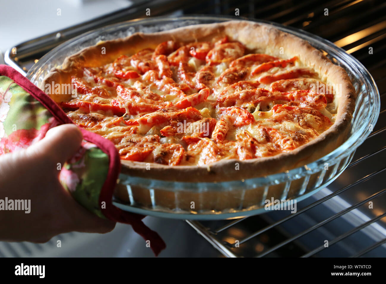 Cocinar Pizza, mujer saca la tarta recién horneados con queso, carne y  tomates de horno eléctrico Fotografía de stock - Alamy