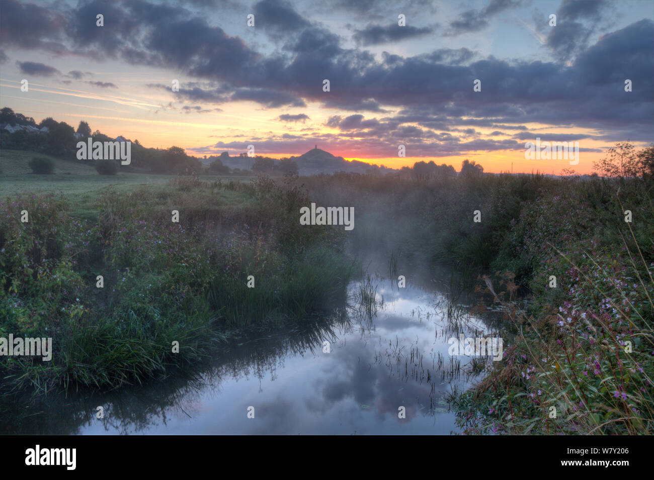 Río Brue, al amanecer con Glastonbury Tor en antecedentes, Somerset, Reino Unido, Agosto. Foto de stock