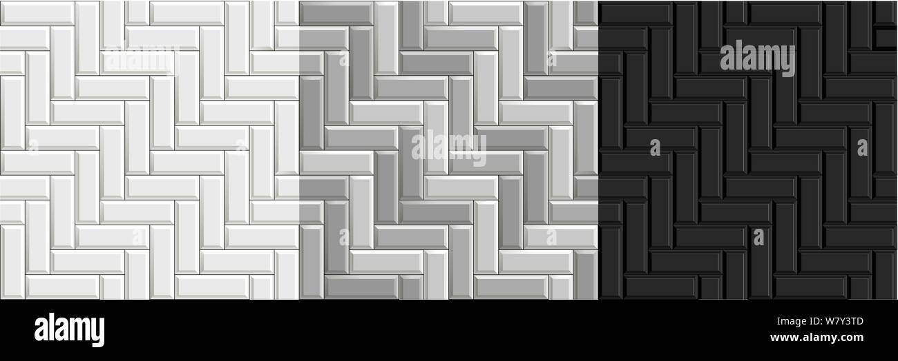 Blanco y negro texturas sin fisuras de espina de pez de azulejos. Conjunto de vector piso pavimentación de escala de grises Ilustración del Vector