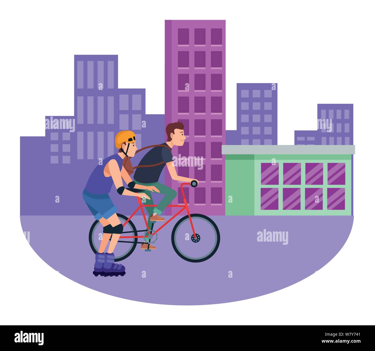 Los jóvenes con bicicleta y patines Imagen Vector de stock - Alamy