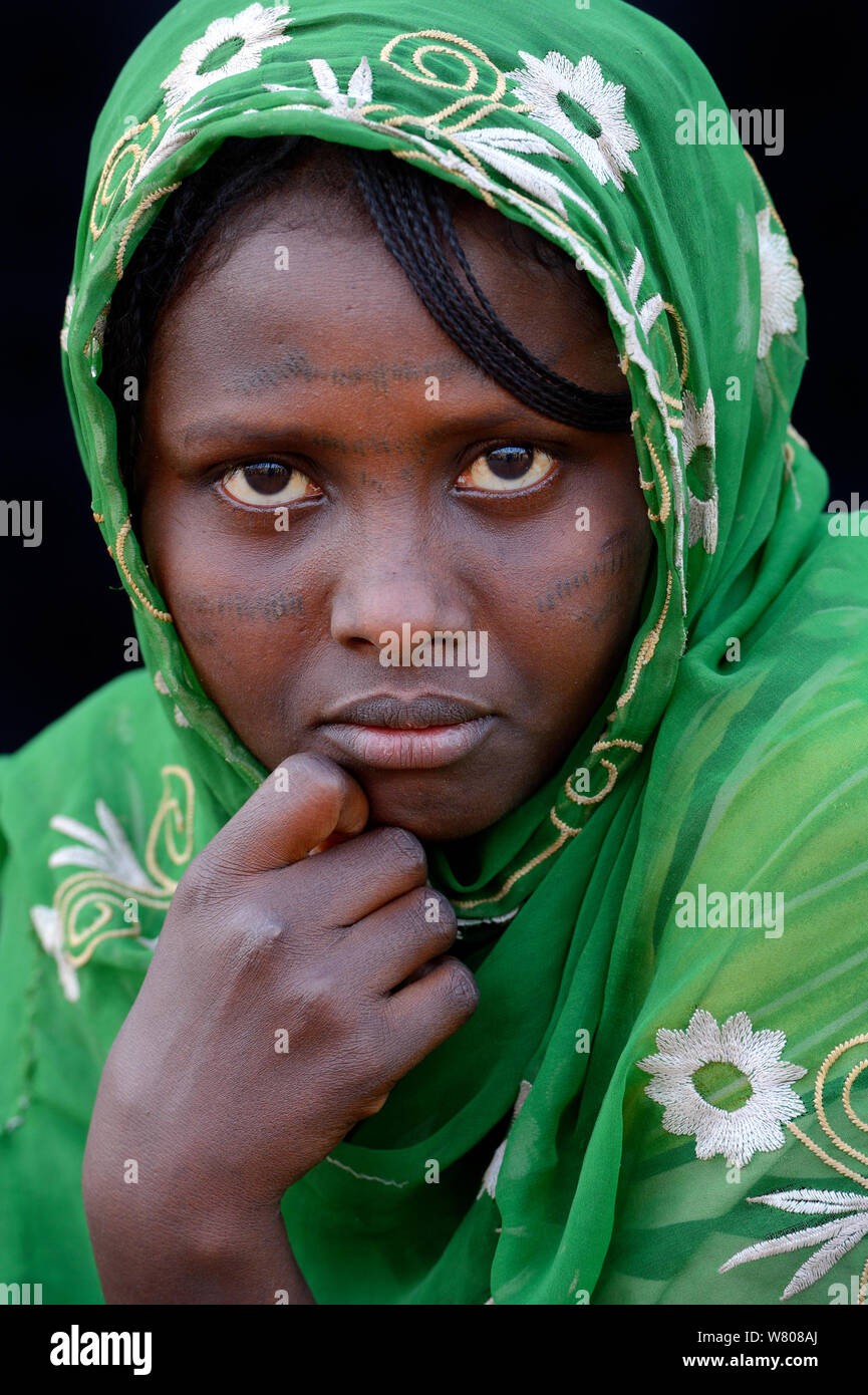 Jefe retrato de joven mujer con la tribu Afar tatuaje facial / piel escarificaciones y pañuelo, Malab-Dei aldea Danakil, la depresión, la región de Afar, en Etiopía, en marzo de 2015. Foto de stock