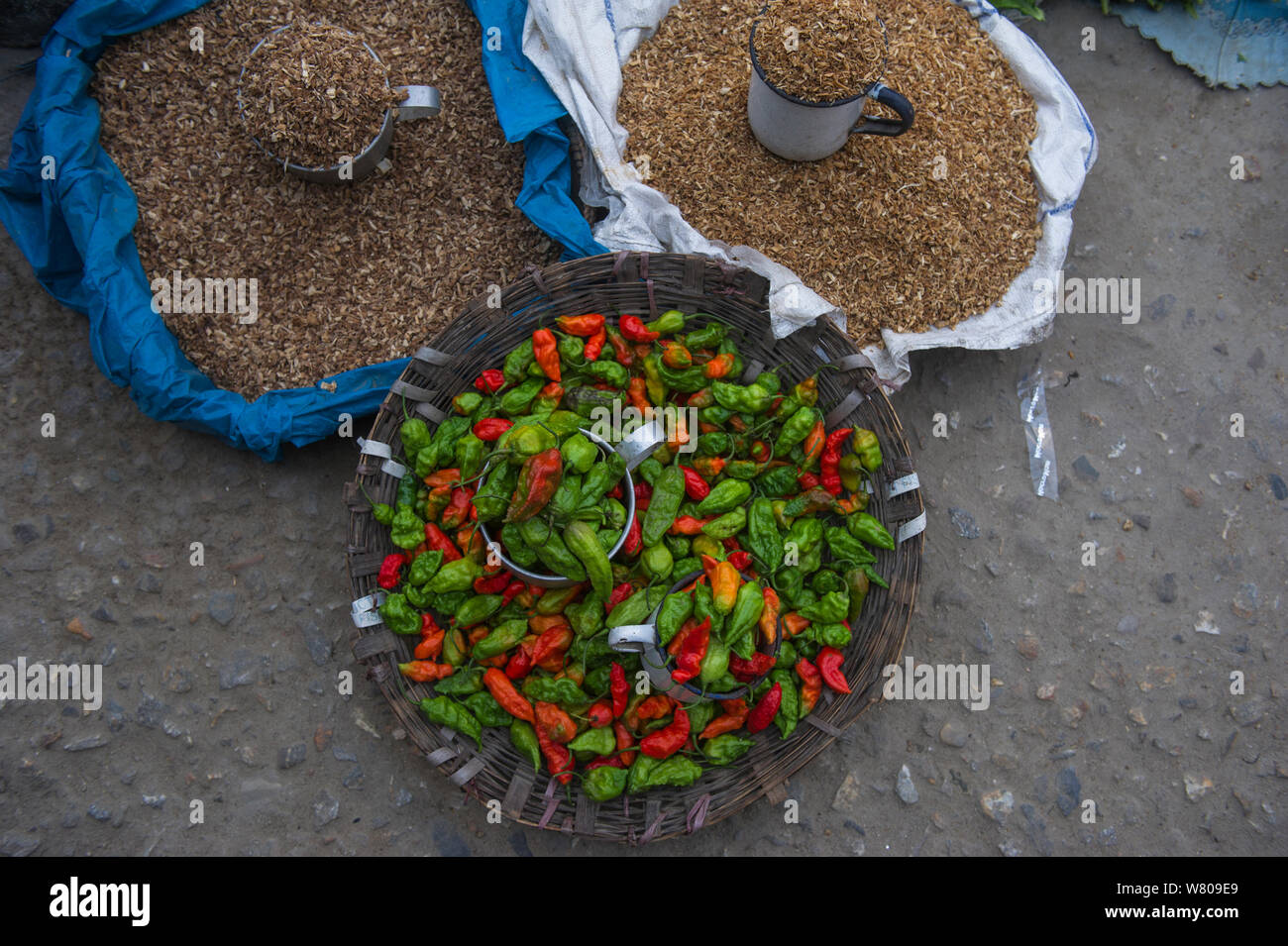 Pimientos para la venta en el mercado, Superior de Distrito Subansiri, Arunachal Pradesh, en el noreste de la India, en noviembre de 2014. Foto de stock