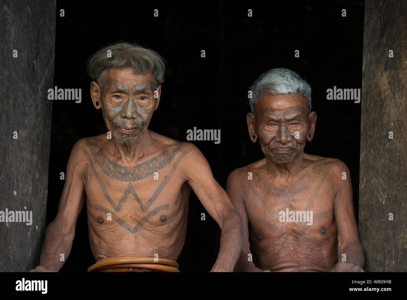 Naga Konyak tatuado head hunter. Sólo alguien que ha matado y tomado una cabeza humana puede ser tatuadas en esta forma. Mon distrito. Nagaland, en el noreste de la India, de octubre de 2014. Foto de stock