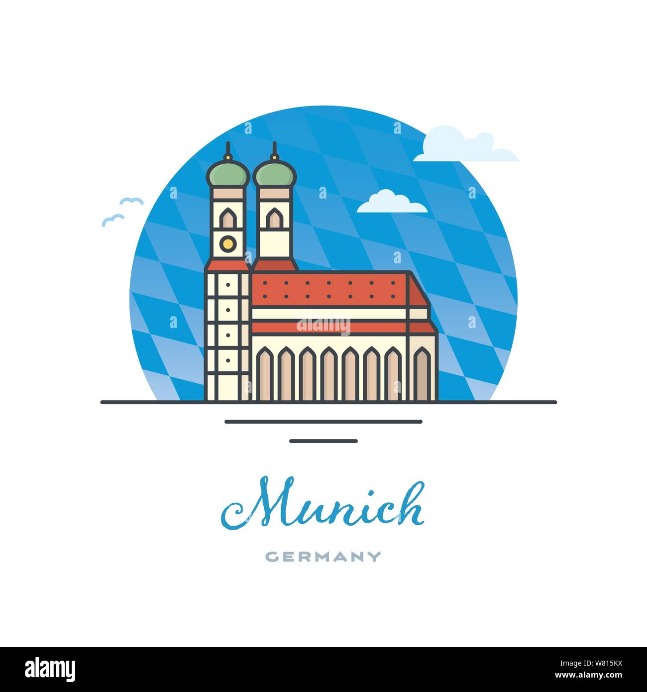 Iglesia de Nuestra Señora o Frauenkirche en Munich, Alemania, plana ilustración vectorial. Icono de turismo y viajes. Ilustración del Vector