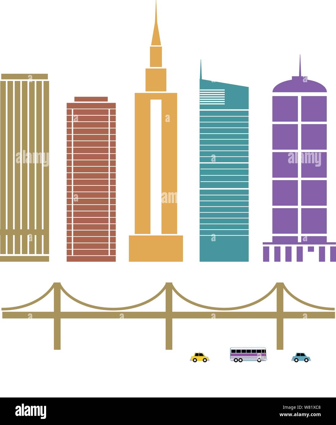 Genéricos cinco edificios, un puente colgante, un taxi, autobús o coche representados como gráficos sencillos. Ilustración del Vector