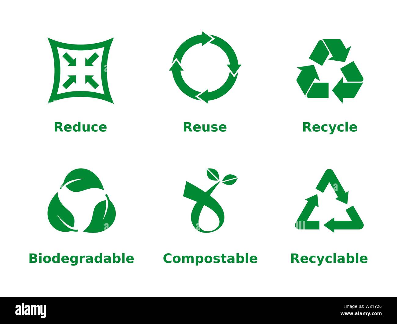 Reducir, reutilizar, reciclar, biodegradable y compostable, reciclable,  conjunto de iconos. Concepto de reciclaje seis signos sobre fondo blanco.  Concepto de residuo cero. Vector Imagen Vector de stock - Alamy