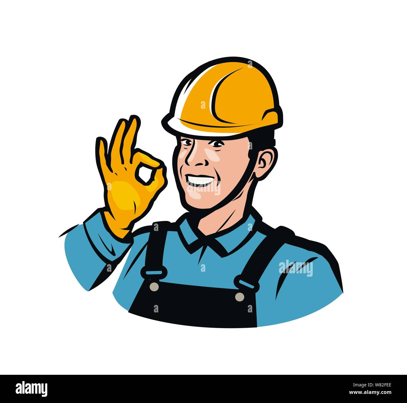 Builder o trabajador en la construcción de cascos. Reparar, arreglar,  industria logotipo. Ilustración vectorial Imagen Vector de stock - Alamy