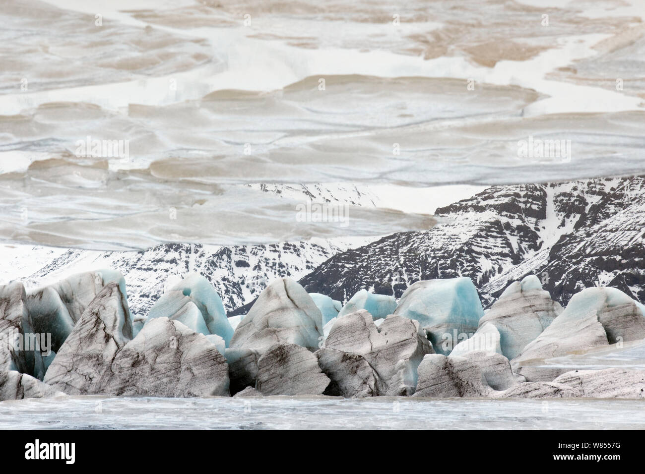 El Svinafellsjokull glaciar en el casquete de hielo de Vatnajökull en invierno por un lago de agua de deshielo, Parque Nacional Skaftafell, Islandia. Marzo 2011 Foto de stock