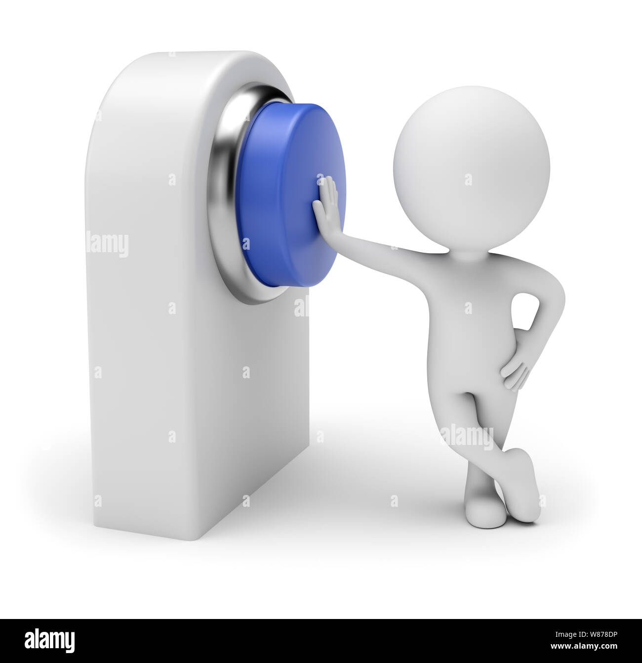Gente pequeña 3d - Presionando el botón azul en la tarjeta de control. 3D rendering. Aislado sobre fondo blanco. Foto de stock