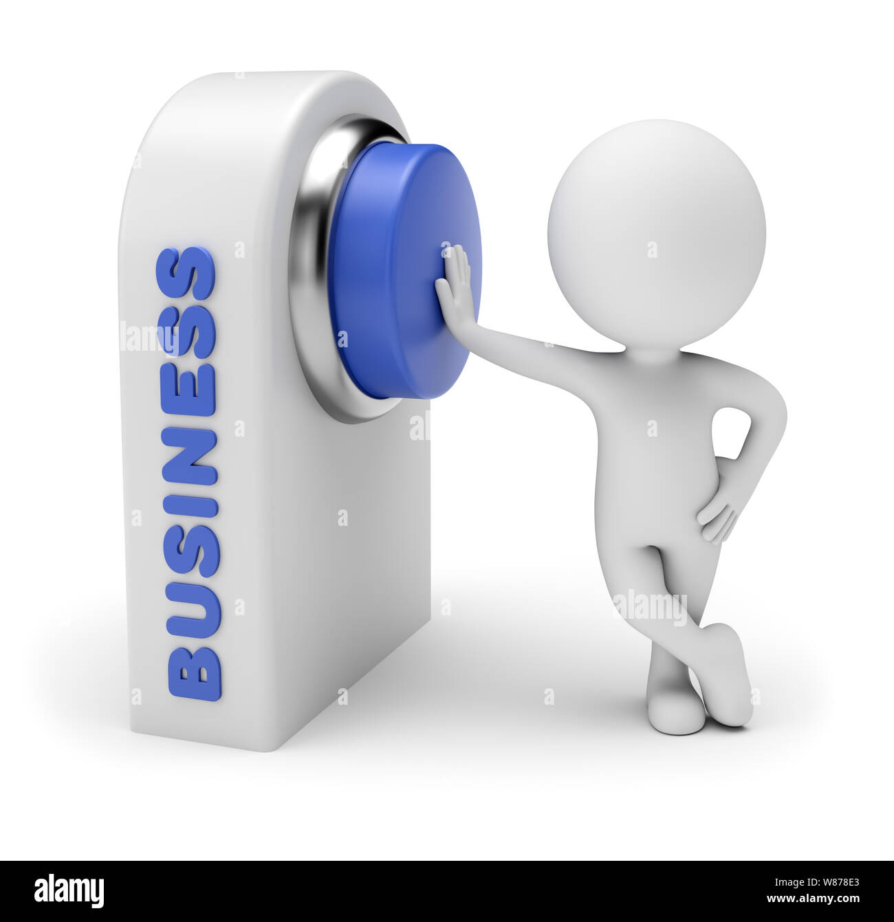 Gente pequeña 3d - fácil entrar en el negocio. Pulsando el botón azul del control board que word business. 3D rendering. Aislado sobre fondo blanco. Foto de stock