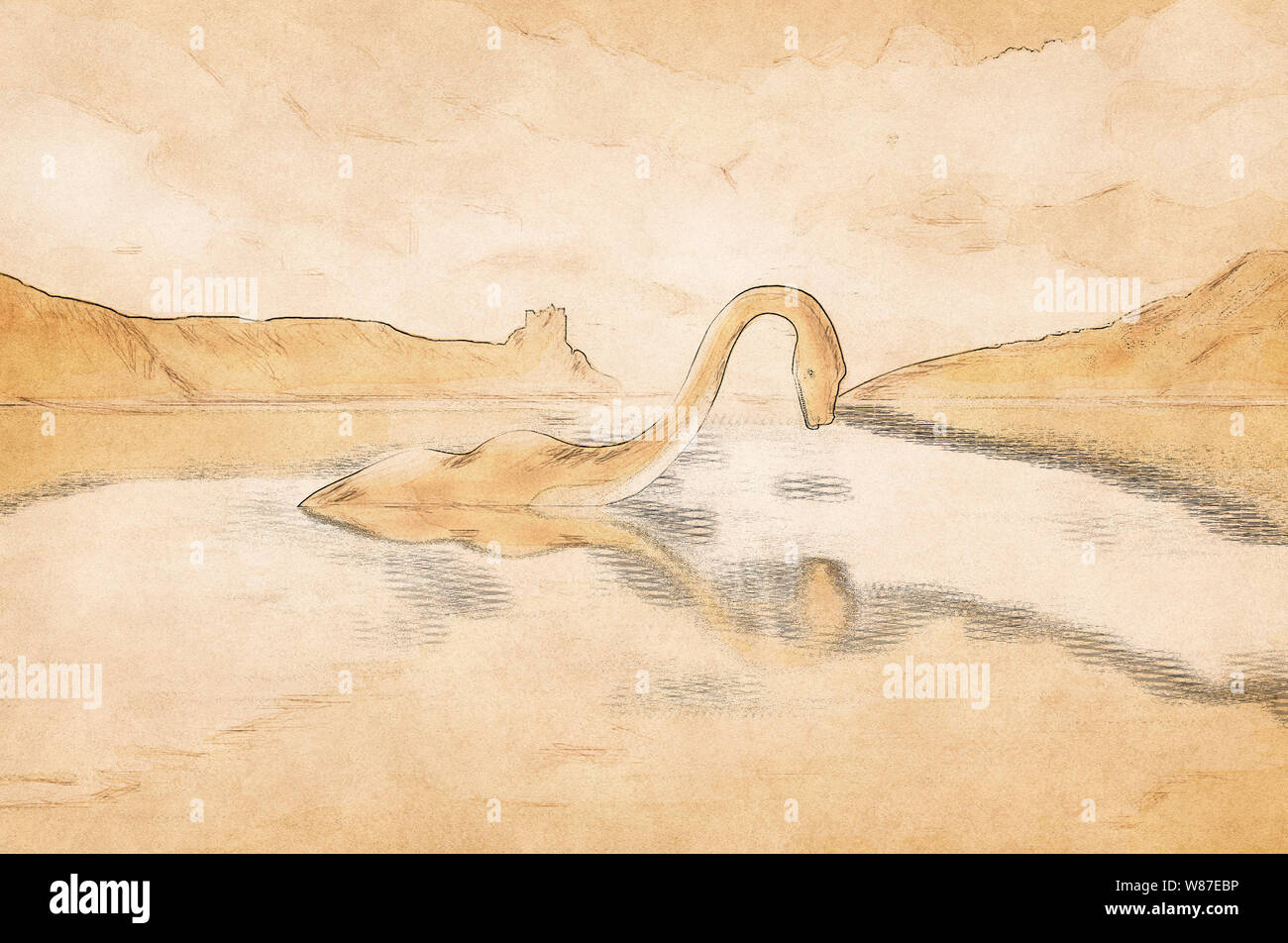 El monstruo del Lago Ness mira su reflejo en el agua -imitación de papel viejo. Foto de stock