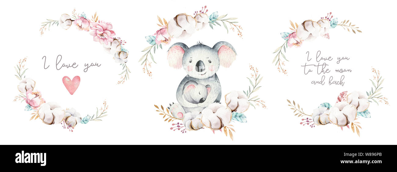 Acuarela Caricatura Pequeno Bebe Y Mama Koala Con Ofrenda Floral Ilustracion Tropical Aislada Diseno De La Madre Y Del Bebe Familia De Animales Kid Amor Fotografia De Stock Alamy