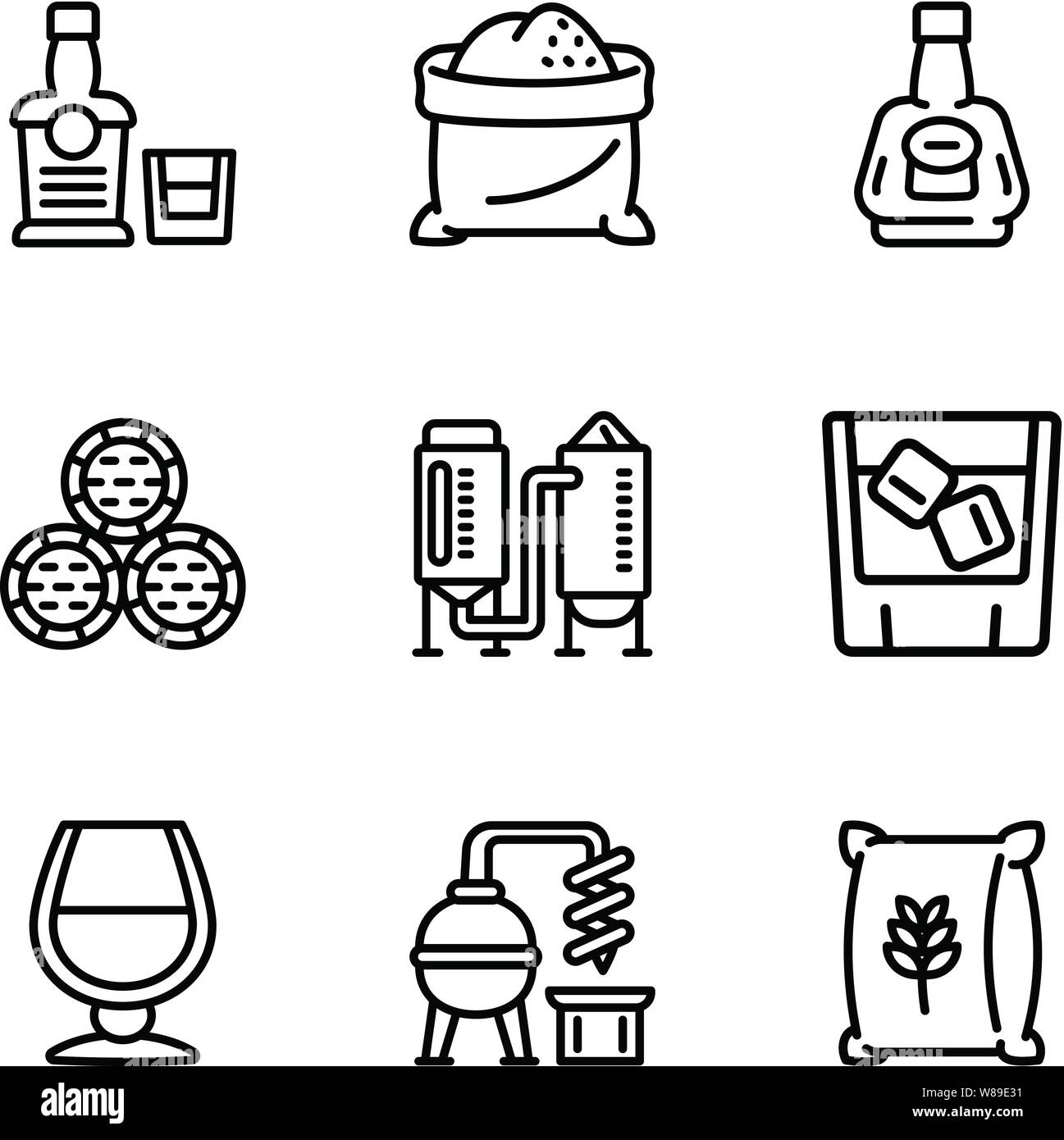 La producción de whisky conjunto de iconos. Conjunto de 9 Esquema de