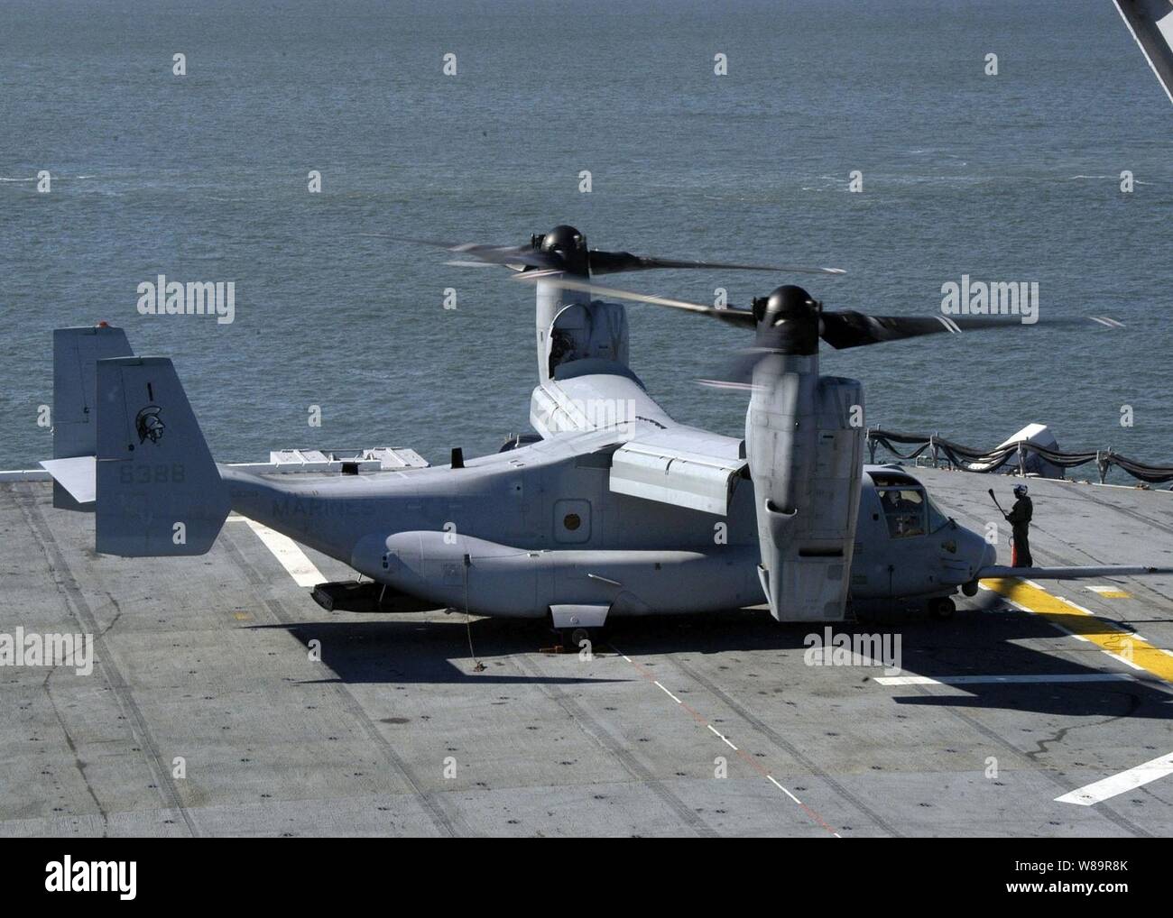 Un Cuerpo de Marines de EE.UU MV-22 Osprey se prepara para despegar de la cubierta de vuelo del buque de asalto anfibio USS Wasp (LHD 1) en la Estación Naval de Norfolk, Virginia, el 2 de noviembre de 2005. La aeronave tiltrotor está programado para reemplazar el envejecimiento CH-46E Sea Knight y tipo CH-53D Mar Stallion helicópteros que actualmente están en servicio. El águila pescadora se asigna a Marine Tiltrotor prueba y evaluación 22 Escuadrón de Marine Corps Air Station New River, Carolina del Norte. Foto de stock