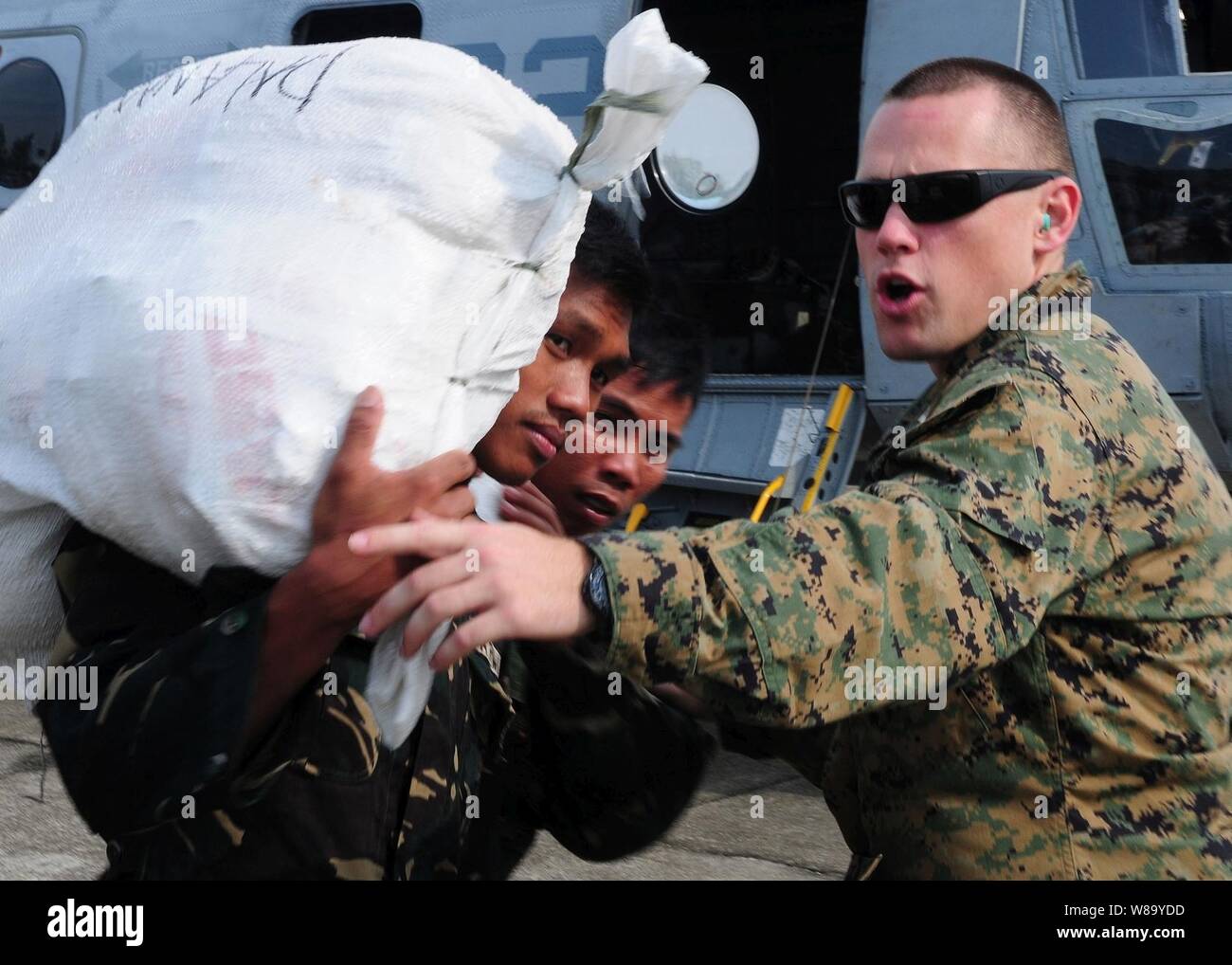 El Capitán del Cuerpo de Marines de EE.UU. Bill Woodward, desde la 31ª Unidad Expedicionaria de la Marina filipina, dirige a los miembros del servicio mientras se carga de suministros a un CH-46E Sea Knight helicóptero asignado al medio marino escuadrón de helicópteros 262 en Filipinas en Octubre 22, 2010. Los infantes de marina con la 31ª Unidad Expedicionaria de los Infantes de Marina están colaborando con el gobierno de Filipinas con la evaluación de los daños causados por el tifón Megi, que también es conocido localmente como el tifón Juan. Foto de stock