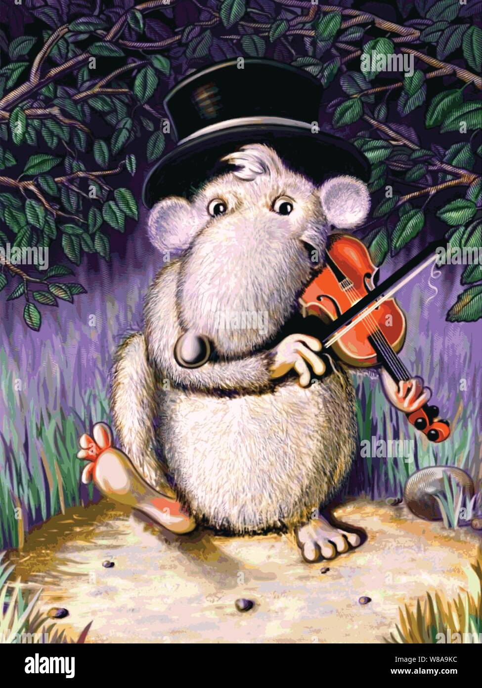 Ratón vistiendo un viejo tophat sonriendo jugando un violín con un arco en un medow rodeado por árboles de noche Imagen Vector de stock - Alamy Ratón vistiendo un viejo tophat sonriendo jugando un violín con un arco en un medow rodeado por árboles de noche Imagen Vector de stock - Alamy