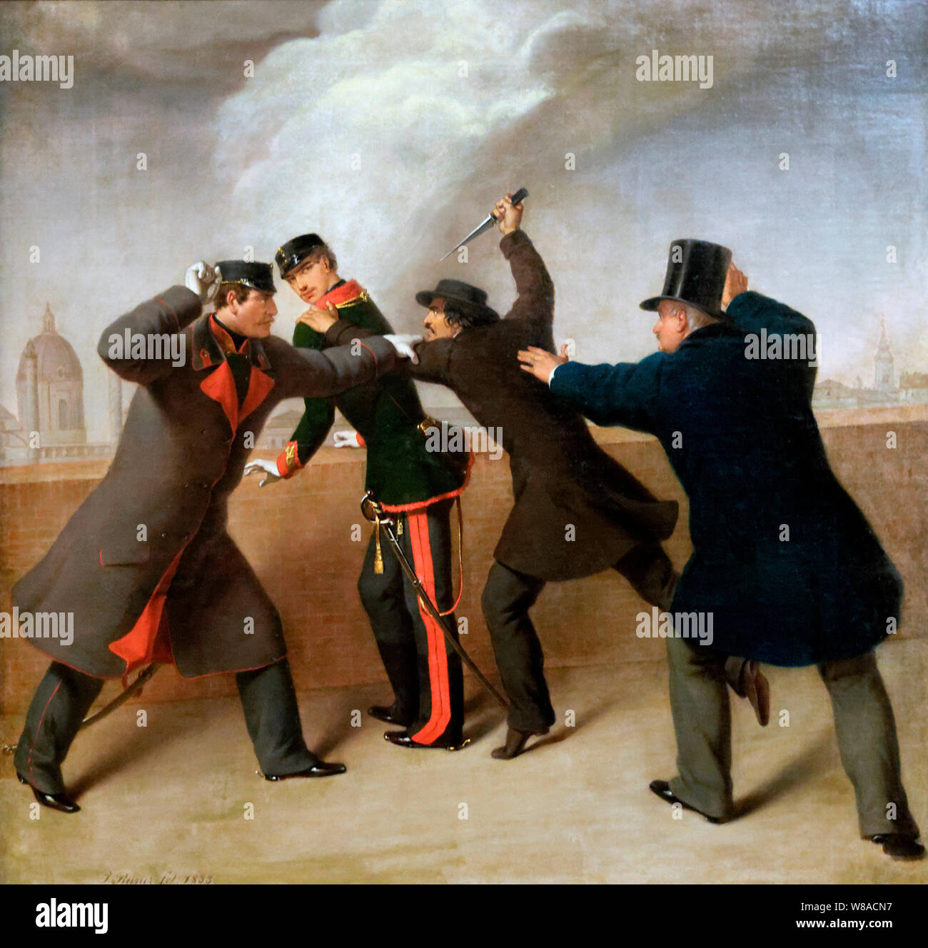 Pintura al óleo de J. J. Reiner del intento de asesinato del emperador austriaco Franz Joseph, 1853 Foto de stock