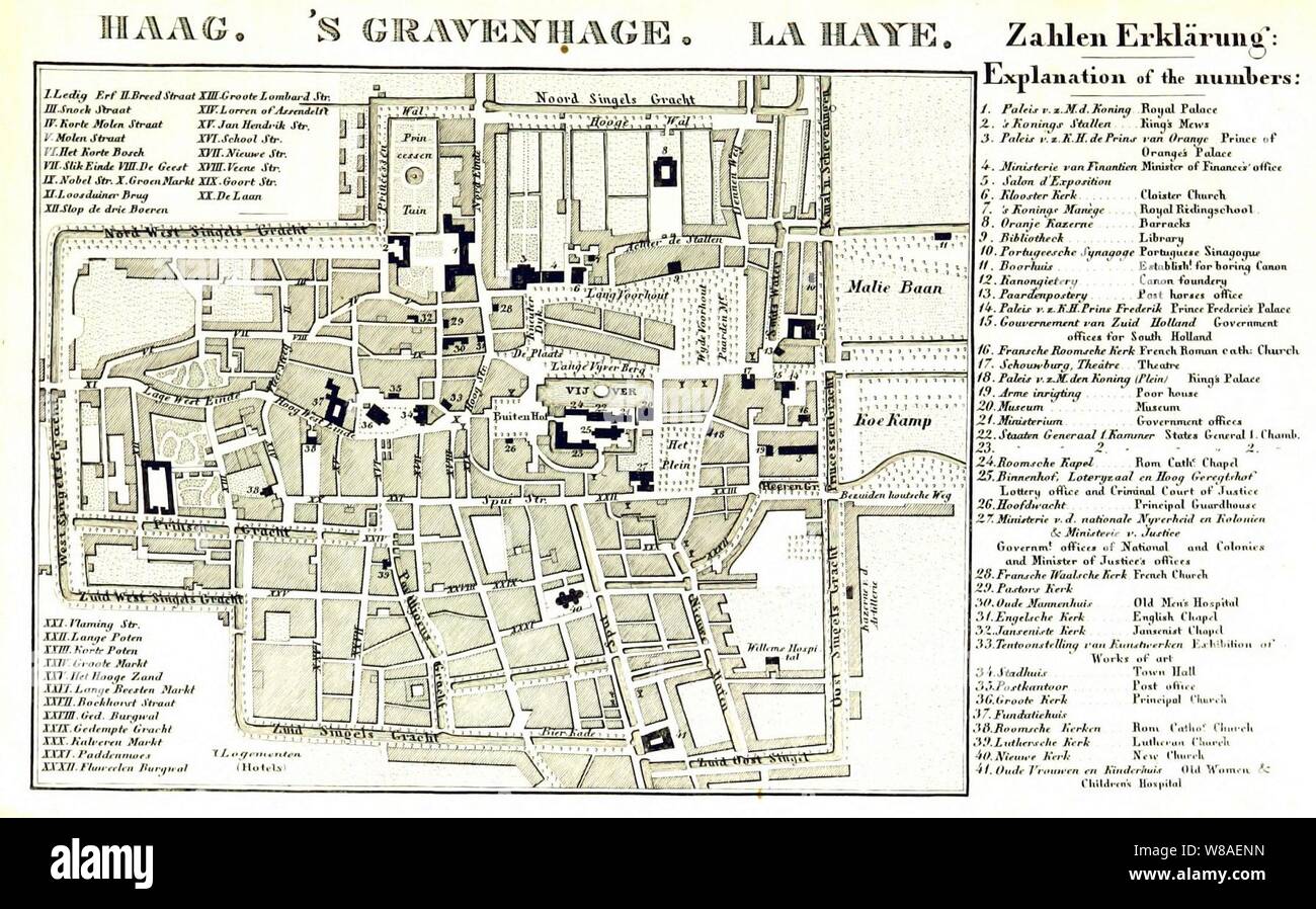 Mapa de Den Haag (La Haya) en 1845. Rheinischer Städte-Atlas. Foto de stock